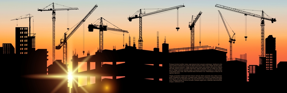 vector,with,house,building,at,orange,sunset.,construction,site,with
